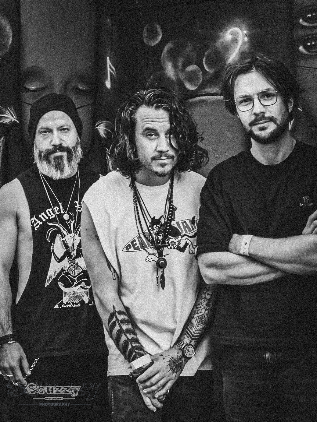 The Monday Smile, black and white portrait of three band members